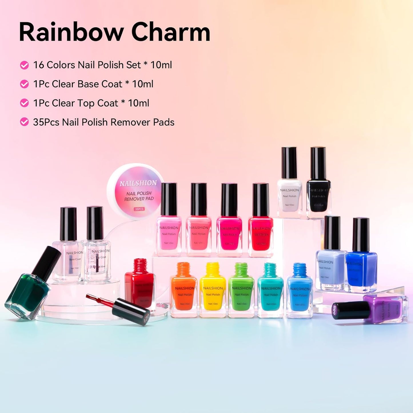 Rainbow Nail Polish Set - 10ml, 16 Colors | Air Dry, Base & Top Coat, Remover Pads for Nail Art Lovers