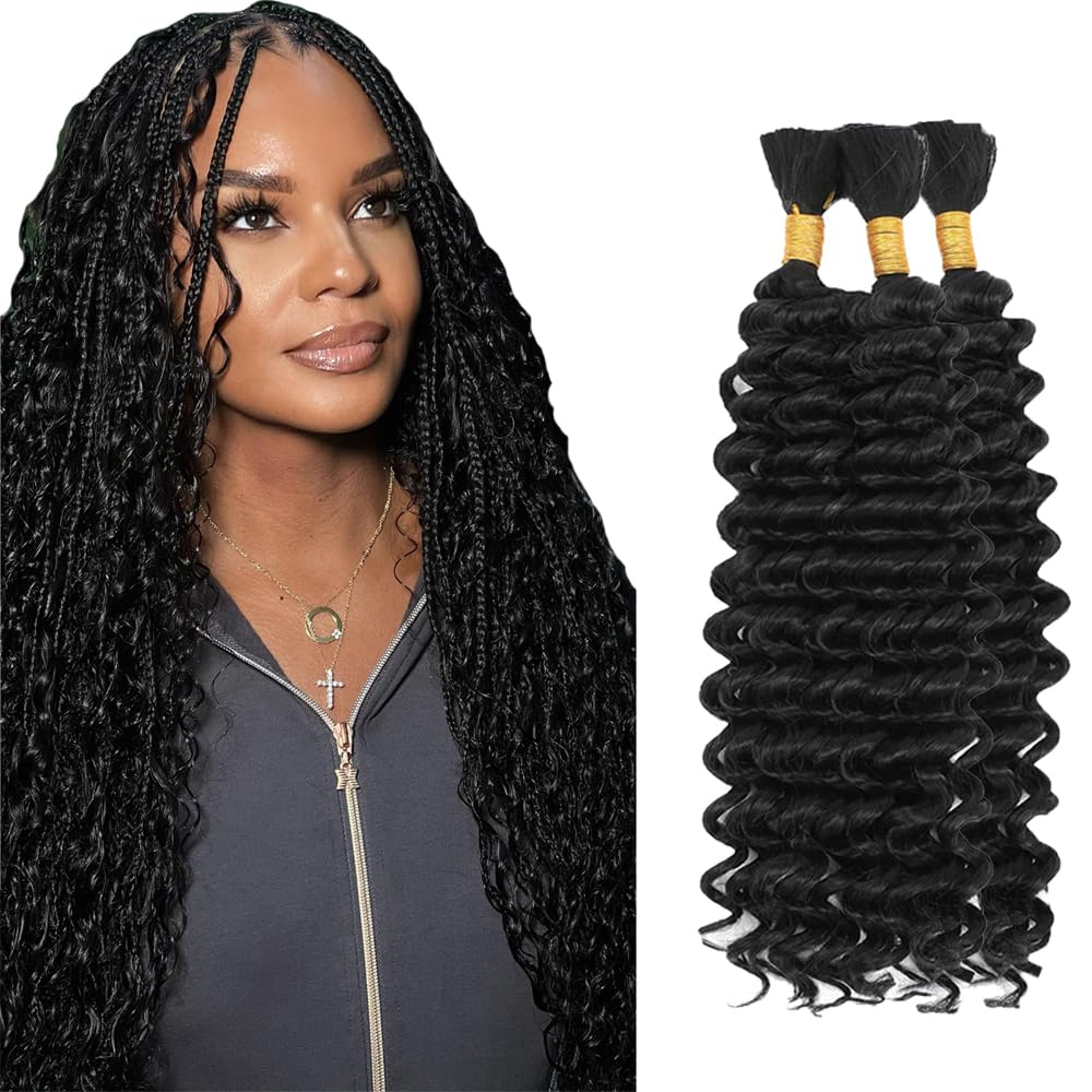 #1B Black Human Hair Braiding Hair For Boho Braids 20 20 20 Inch Natural Color Deep Wave Bulk Human Hair Unprocessed Brazilian Virgin Hair 3 Bundle 50 Gram Per Bundle No Weft Extensions