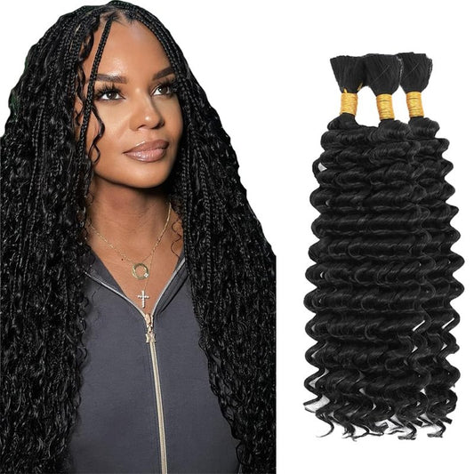 #1B Black Human Hair Braiding Hair For Boho Braids 20 20 20 Inch Natural Color Deep Wave Bulk Human Hair Unprocessed Brazilian Virgin Hair 3 Bundle 50 Gram Per Bundle No Weft Extensions