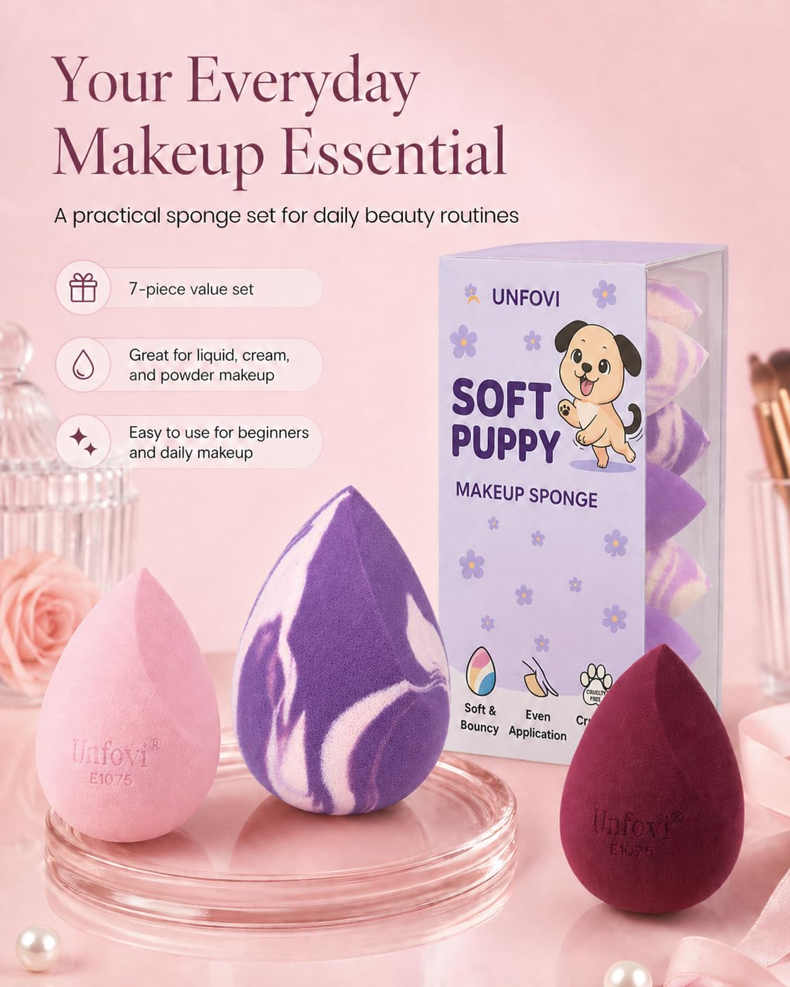 Makeup Sponges Set - 7-Pack Latex-Free Reusable Blenders for Foundation & Concealer | Soft Multi-Color Beauty Tools