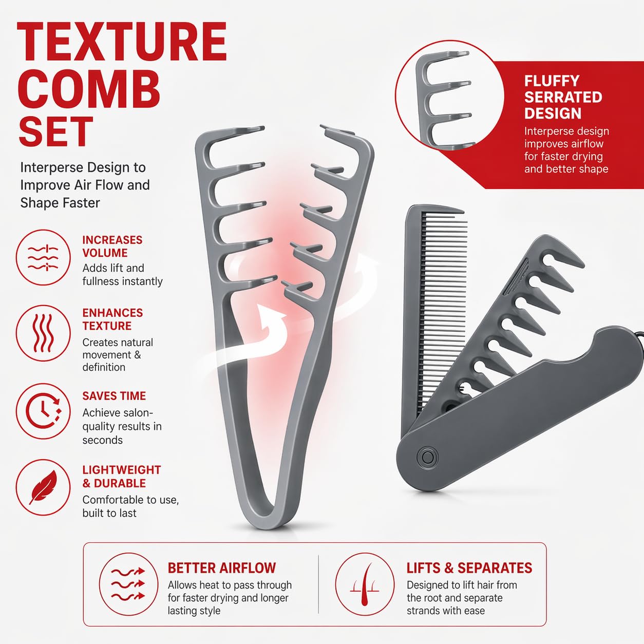 5-in-1 Texture Comb Set - Salon-Style Volumizing Hair Tool for Men & Women | Fluffy Texturizing Comb for Curly & Slick Back Hair