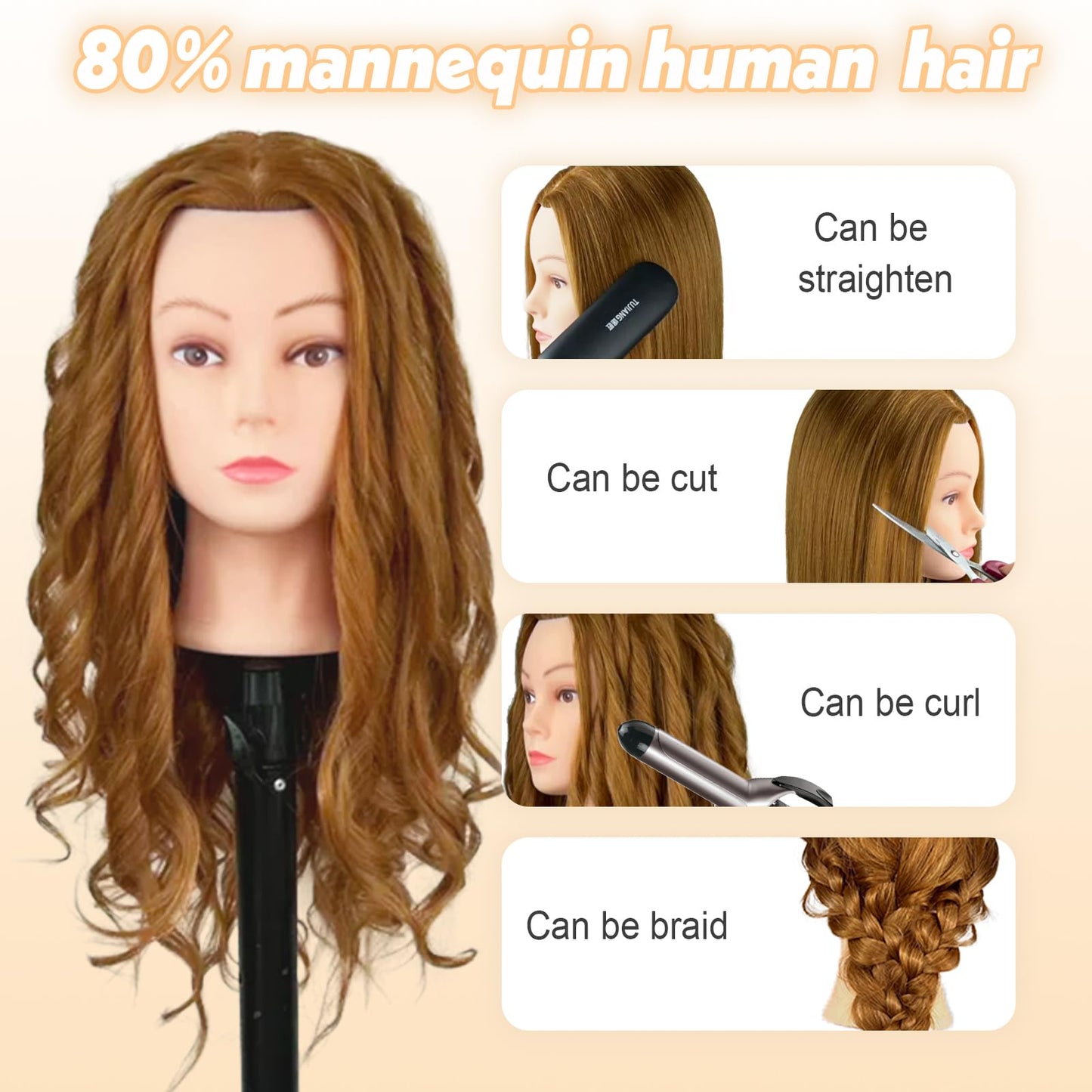 22" MQHIHI Mannequin Head Human Hair Cosmetology Manikin Doll Head with 80% Real Hair for Hairdresser Practice Cutting Braiding Hair Styling with Clamp Holder and Tools (Light Brown)
