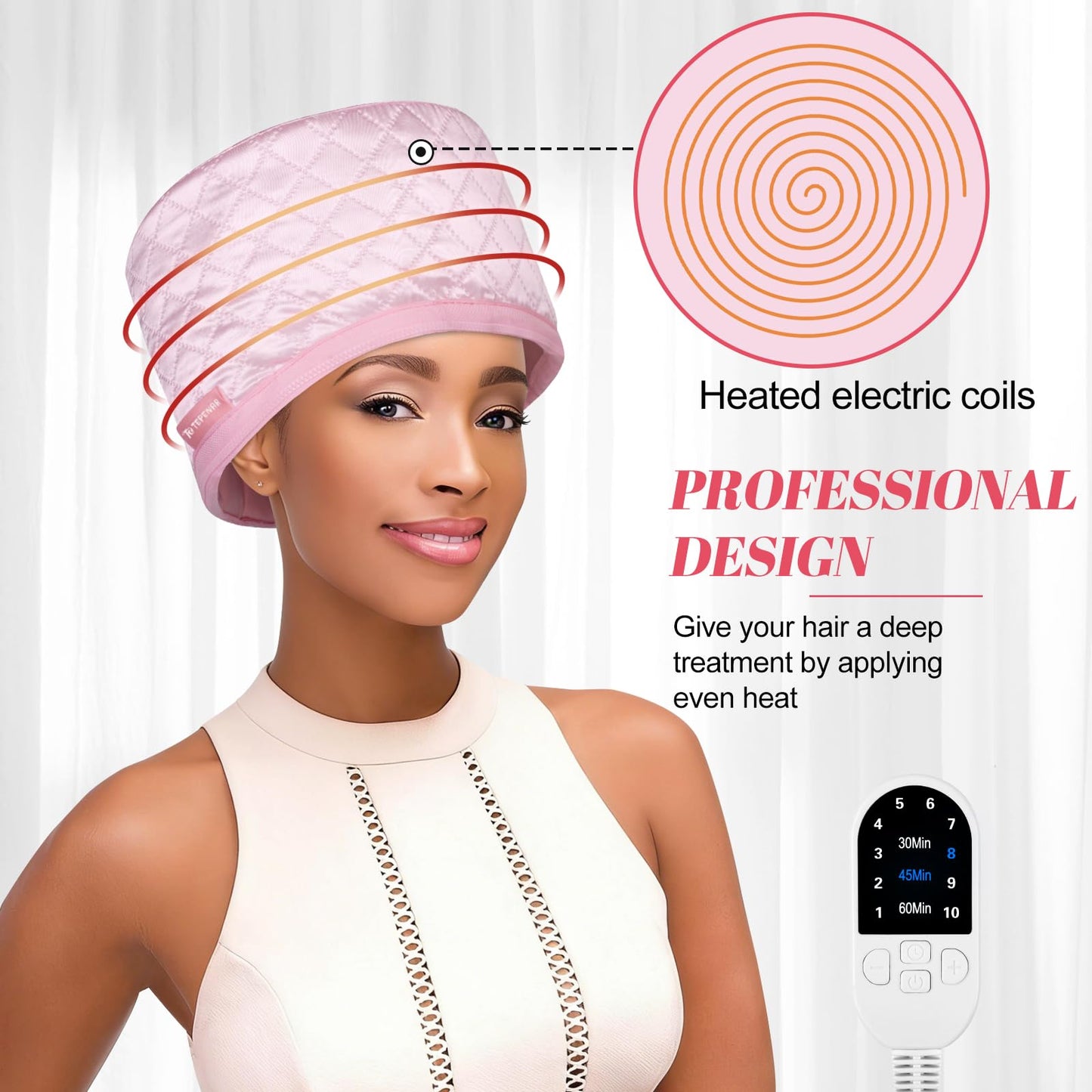 TEPENAR Hair Steamer for Deep Conditioning: Upgraded Heat Cap with 10-Level Fast Heating 3 Time Settings for Natural Hair Portable Thermal Steam Cap for Home Hair Treatment - Pink