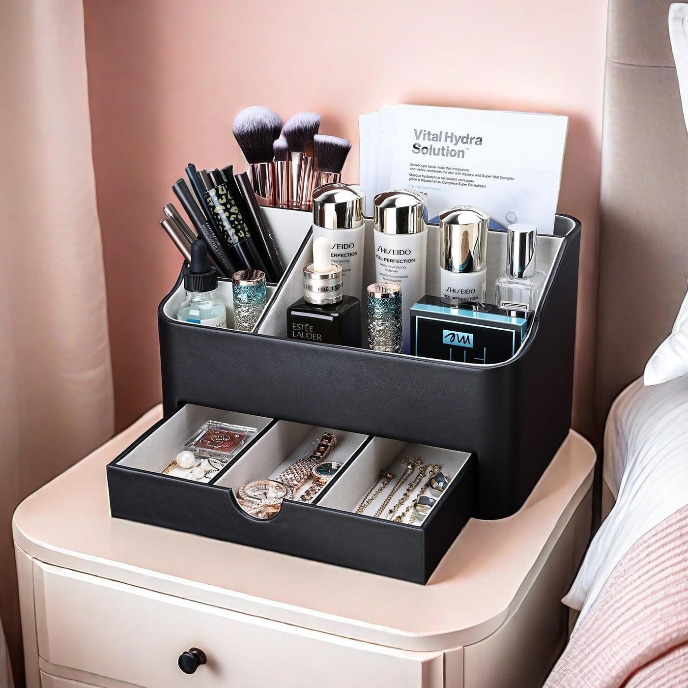 Leather Makeup Organizer - Stylish Cosmetic Storage with Drawer | Dresser & Vanity Organizer for Lipstick, Brushes & Skincare (Black)