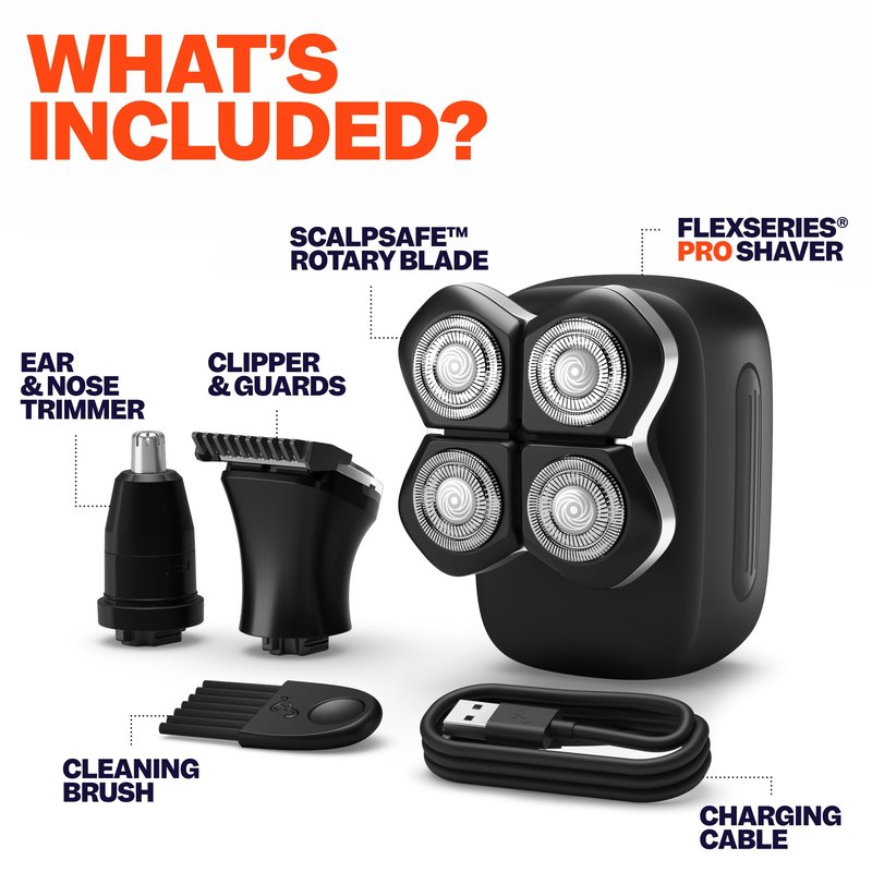 Freebird Electric Head & Body Hair Shaver - Mens Cordless Waterproof Razor with Rotary Blades (FlexSeries Pro, Shaver Kit)