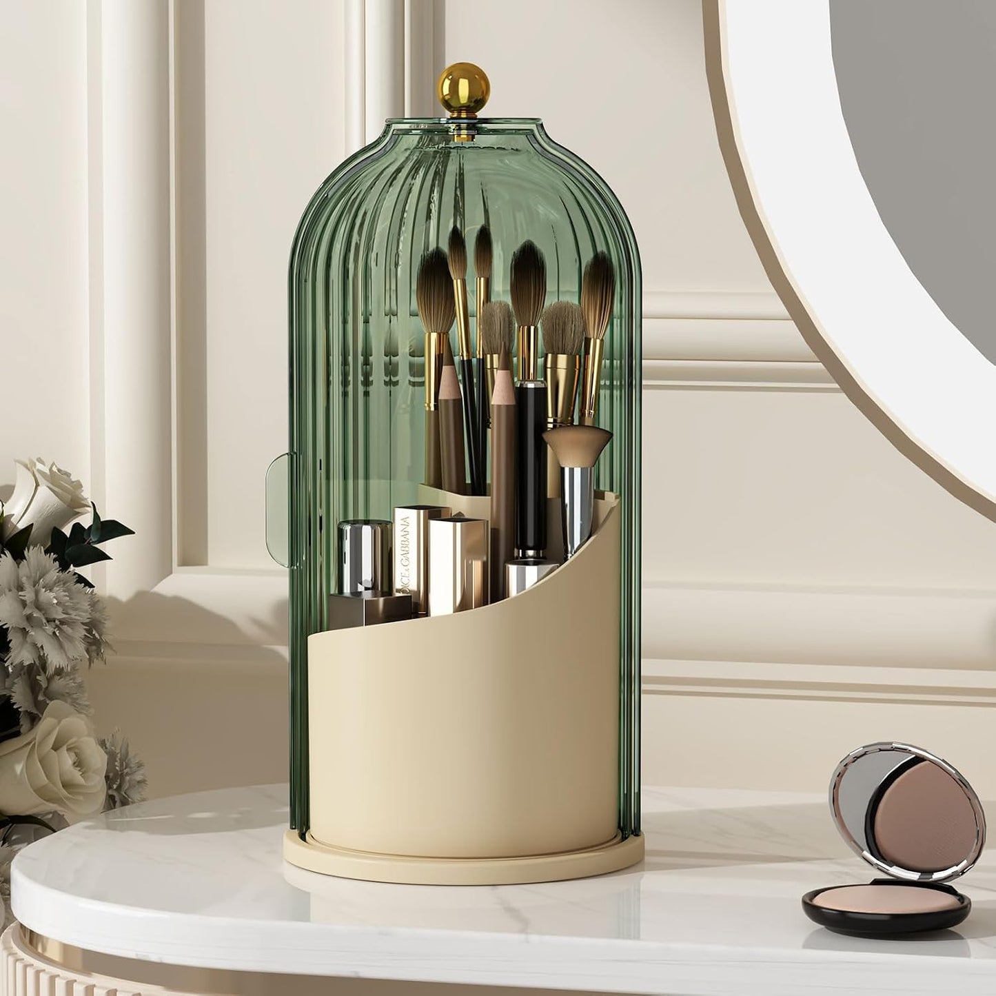 Makeup Brush Holder - 360 Rotating Clear Organizer with Lid for Vanity & Bathroom Countertop | Dustproof Design