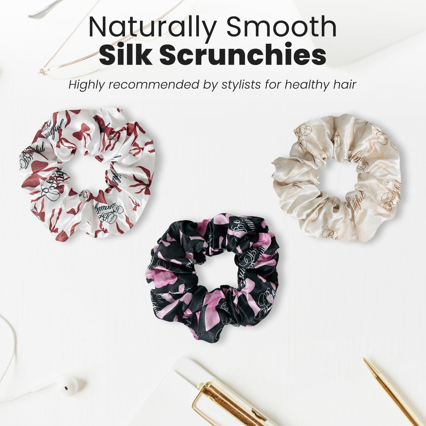 Cute Design Scrunchies - Elastic Hair Ties for All Hair Types | XL Soft Ponytail Set with Ribbon