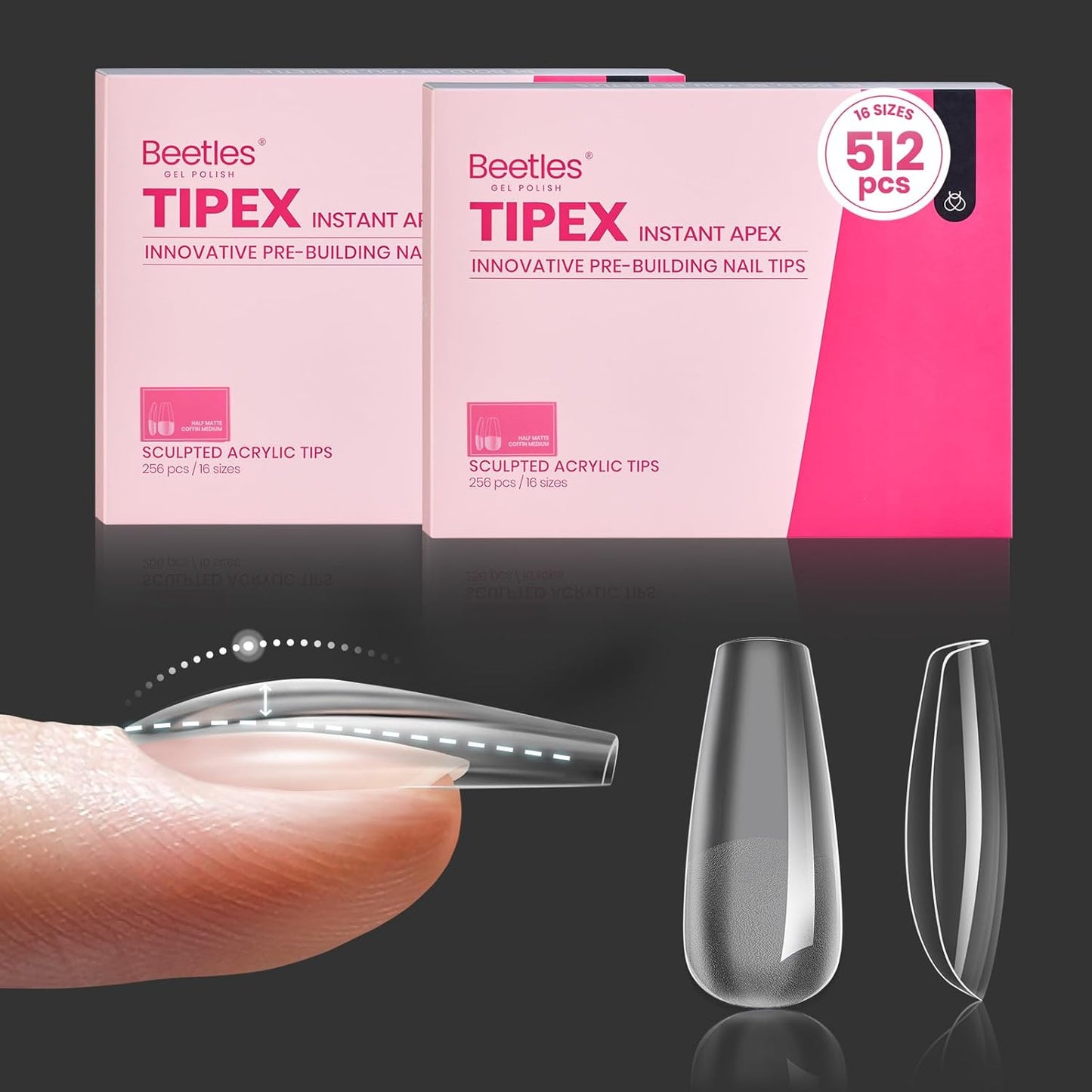Beetles Apex Nail Tips - Medium Coffin, 192pcs, 16 Sizes 00–14 | Thicker Strong Acrylic for DIY Extensions