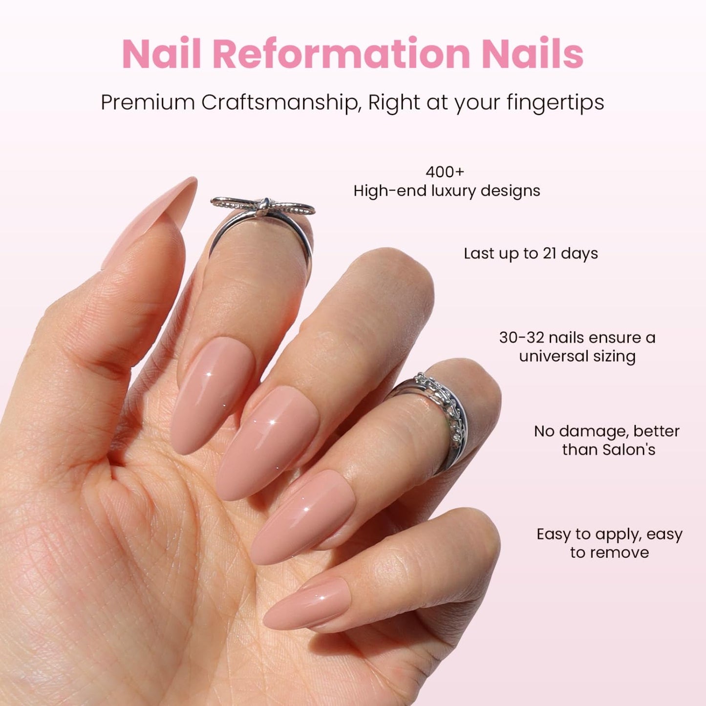 Press On Nails - Deep Nude Medium Almond Trench Coat | Glossy Finish, Reusable 30 Pcs Manicure Kit in 15 Sizes with Glue