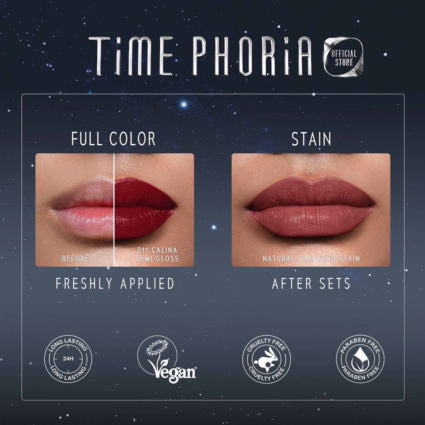 TIMEPHORIA Aion Superstain Lip Stain Tattoo Ink, Long Lasting Semi-gloss Finish, Full Coverage Lip Tint with High Pigments, Hydrating Watery Gel Deep Berry Plum Lip Color for Vibrant Stain 011 Calina