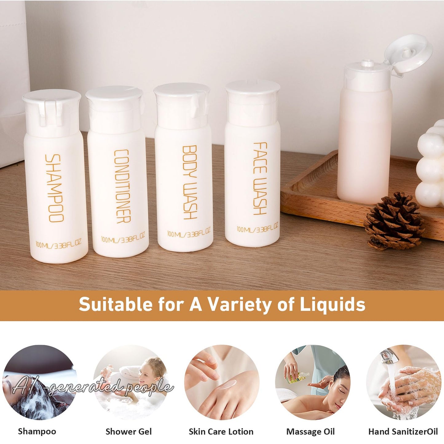 Wowang Travel Bottles for Toiletries 5 PCS 3.38 oz/100ml TSA Approved Leak Proof HDPE Plastic Containers with Pre-Printed Text (No Stickers Needed), Refillable Squeeze Bottle for Shampoo & Lotion