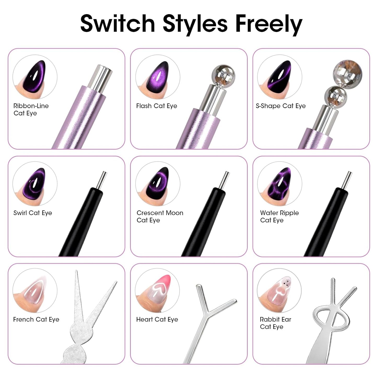 Cat Eye Nail Magnet Set - Strong Double-Ended Magnet Pen with 8mm & 10mm Balls | French Tip Guide Plates & Bunny/Heart Designs