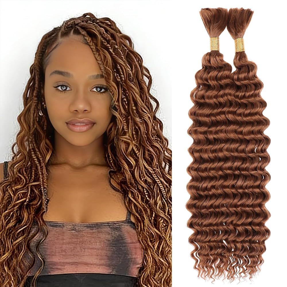 Color 30 Boho Human Hair for Braiding Light Brown Deep Curly Boho Braids 14 14 Inch 100g No Weft Deep Water 2 Bundles/pack #30 Boho Braiding Hair Extensions