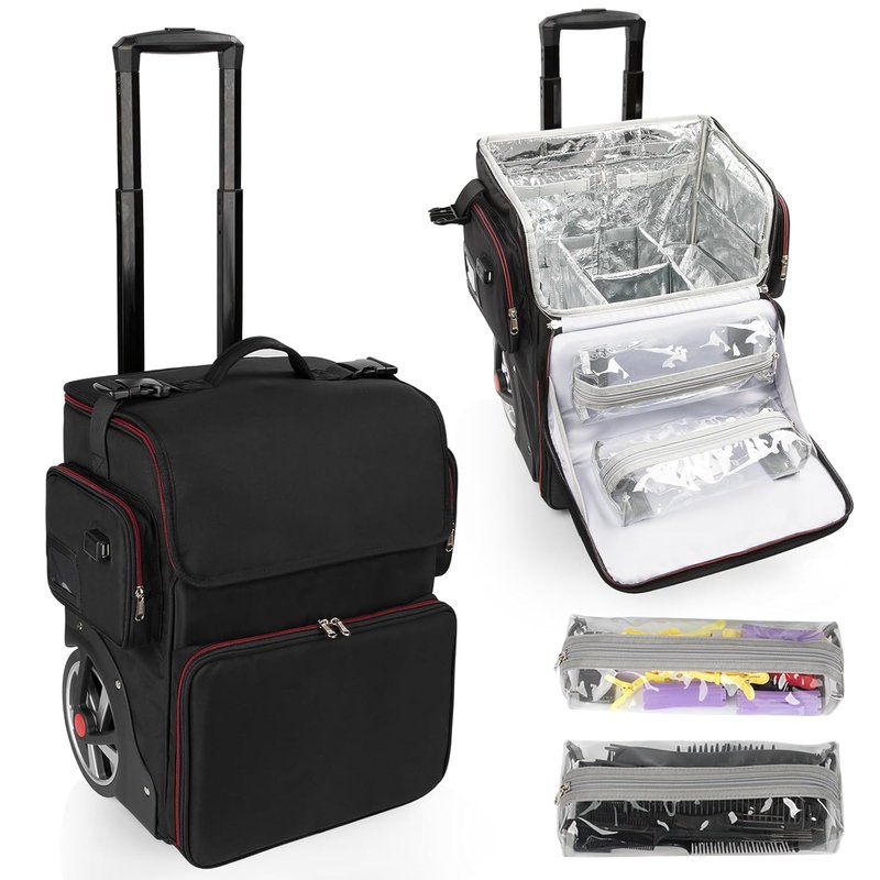 Makeup Train Case - Large Cosmetic Organizer for Hairstylists | Heat Insulation, Detachable Pouch, Trolley with Wheels