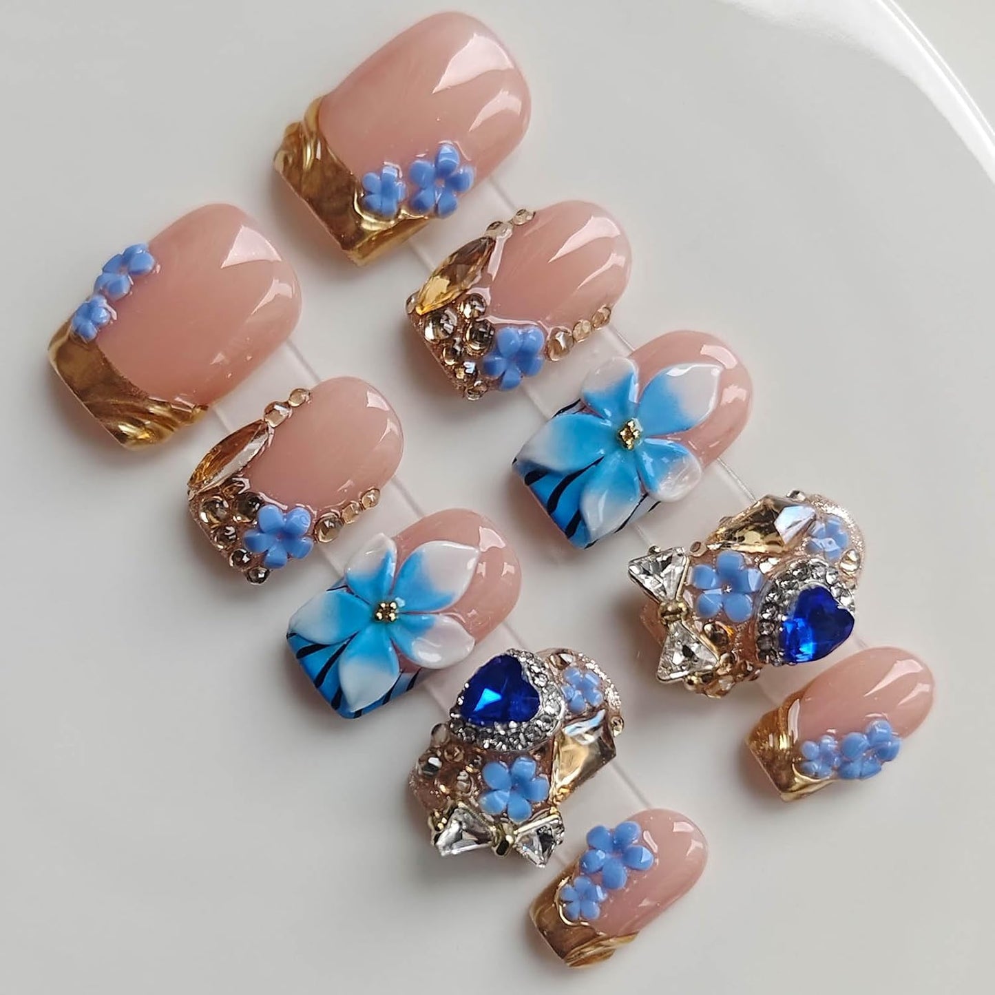 Pink Press On Nails - Handmade Short Square Style | M Size Daily Wear Y2K Cute French Design with Polka Dot & 3D Flowers - 10 Pcs