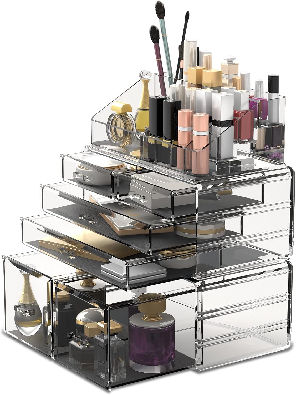 Makeup Organizer - 3-Piece Cosmetic Storage Case with 6 Drawers | Stylish Black Design