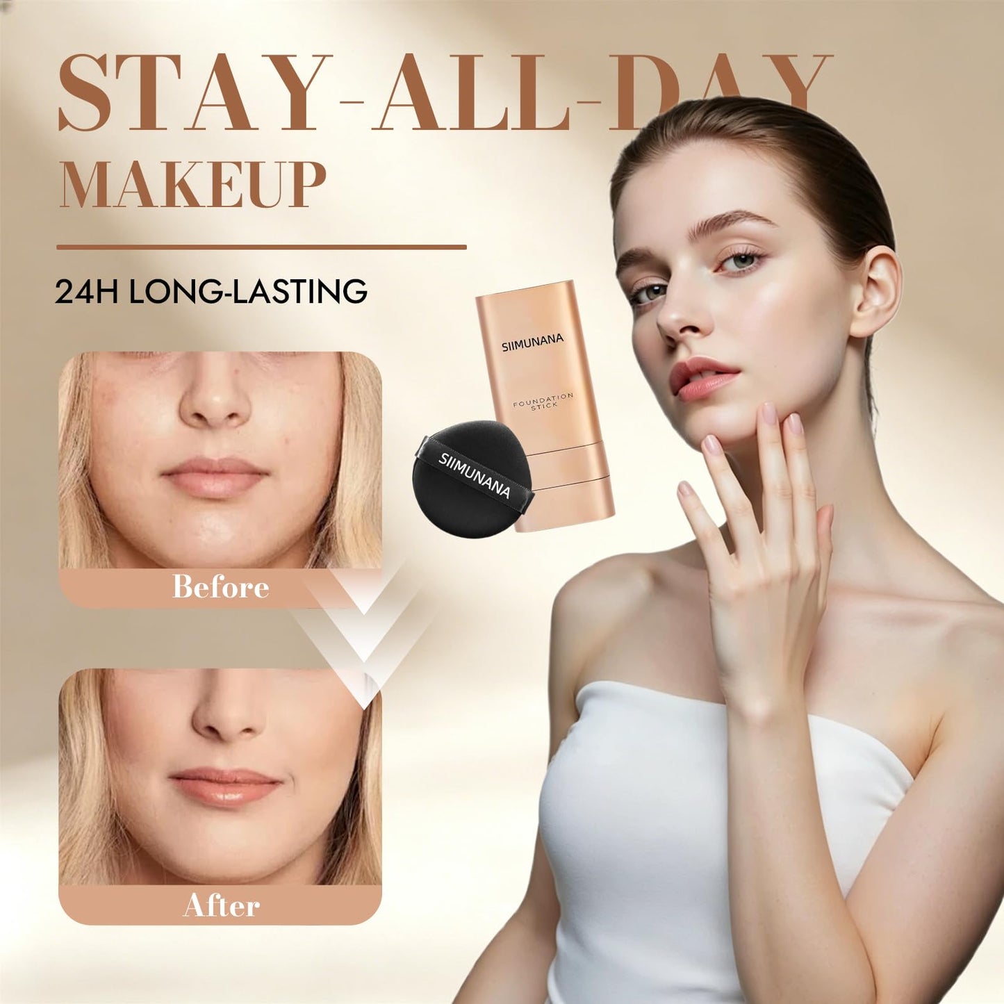 Simunana Foundation Stick Korean, Multi-use Double Head Makeup Stick, Longwear Natural Finish, Waterproof & Sweat-Proof for All Skin Types (NATURAL BEIGE)