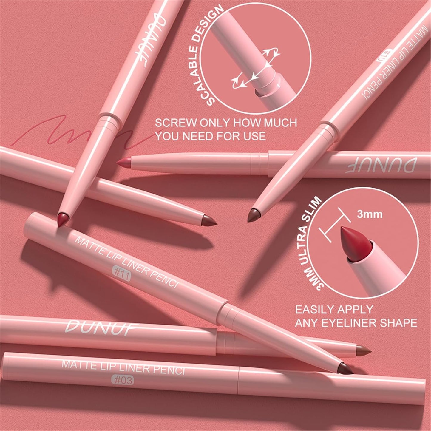 Retractable Lip Liner Pencils Set - 6 Rich Pigmented Shades | Waterproof & Long-Lasting Matte Finish