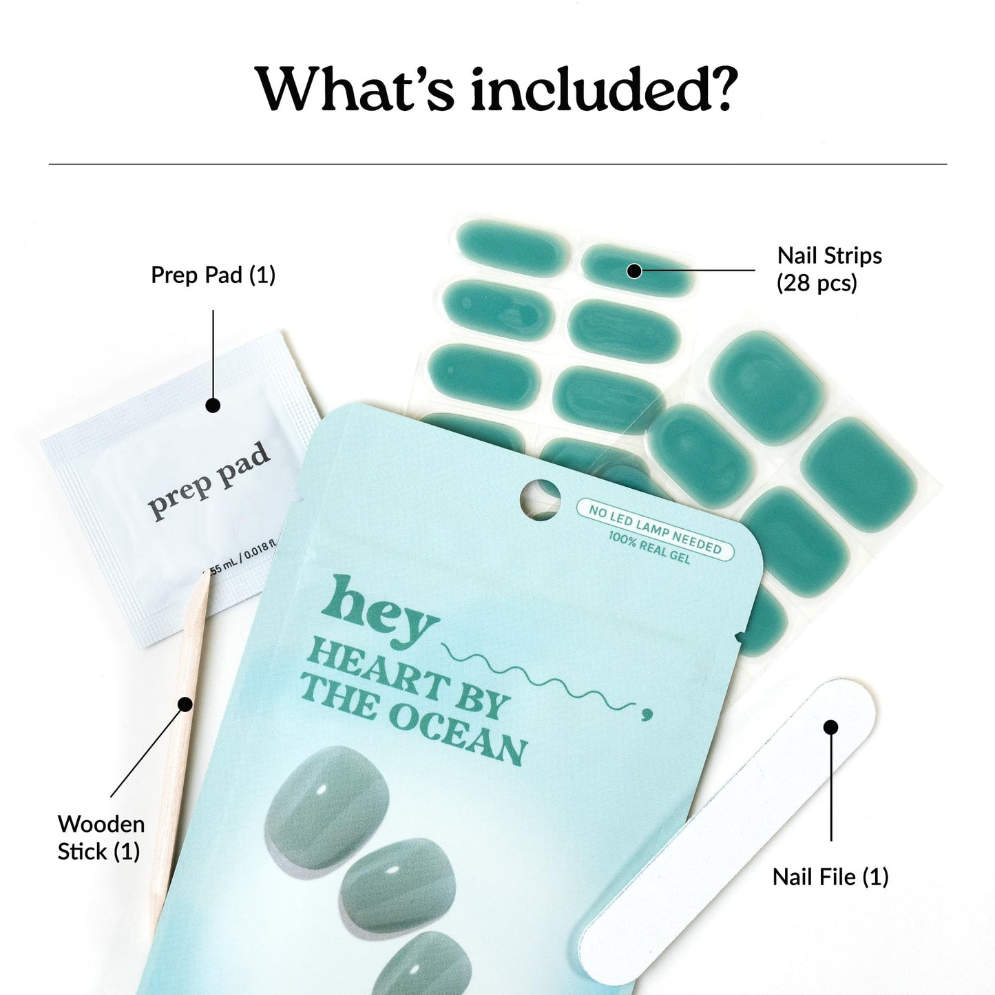 Heyhae Semi Cured Gel Nail Strips | No LED Lamp Needed | Teal, Jelly | Easy Apply & Remove, Salon Quality | Includes 28 Strips, 2 Prep Pads, Nail File & Wooden Stick - Hey, Heart by the Ocean