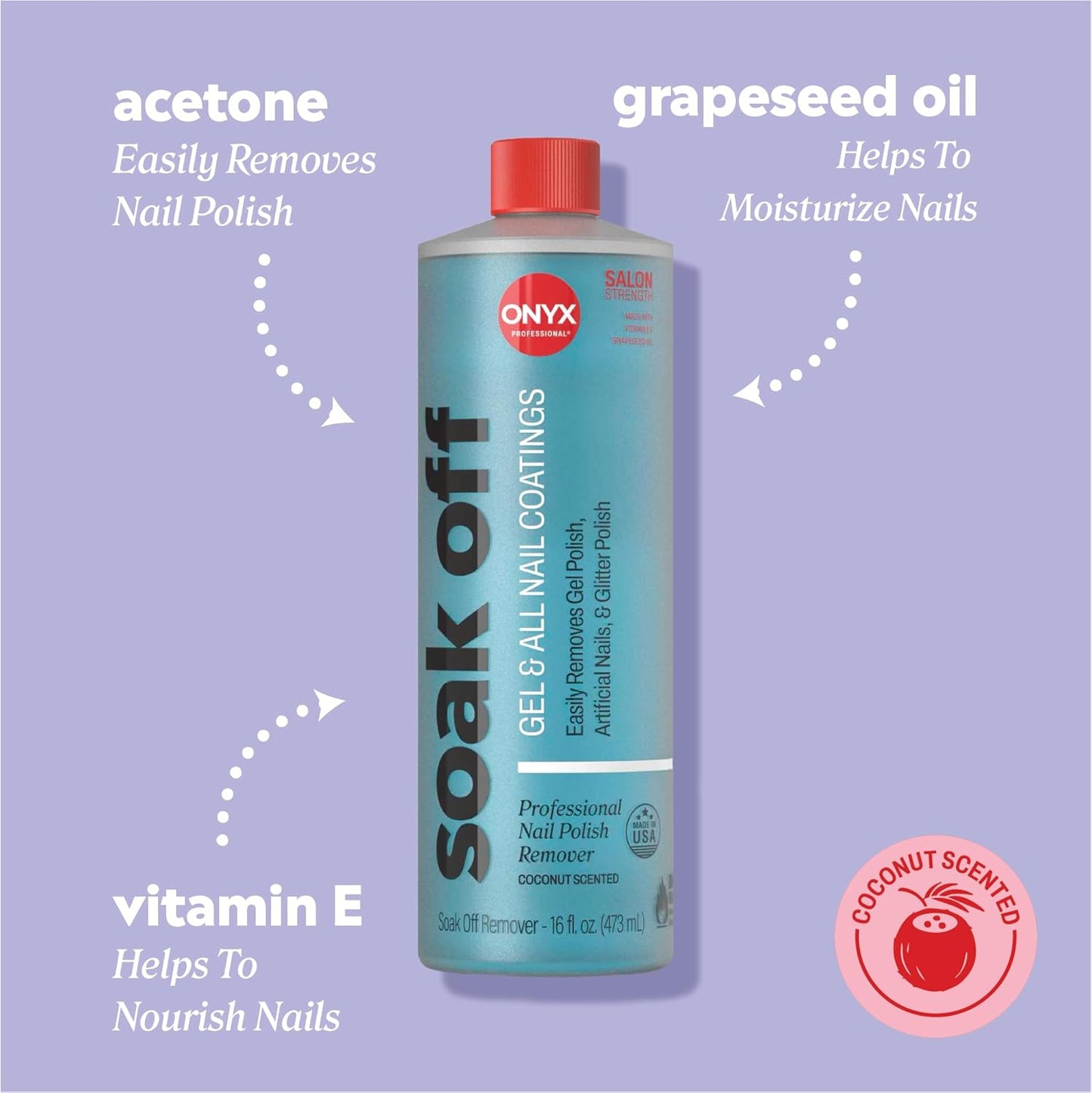 Coconut Scented Nail Polish Remover - Maximum Strength Gel Formula with Vitamin E & Grape Seed Oil | 16 oz