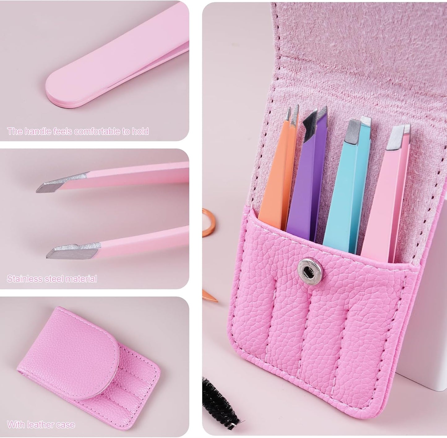 Eyebrow Tweezer Set - 6 Precision Tweezers with Curved Scissors & Leather Travel Case | Beauty Tools for Women