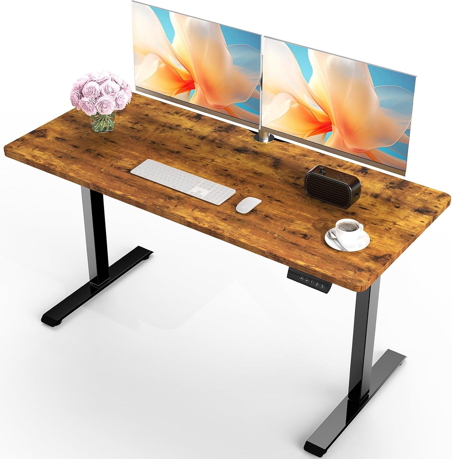 Veken Electric Standing Desk - 55 Inch Height Adjustable Home Office Table | White Wooden Desktop for Work & Study