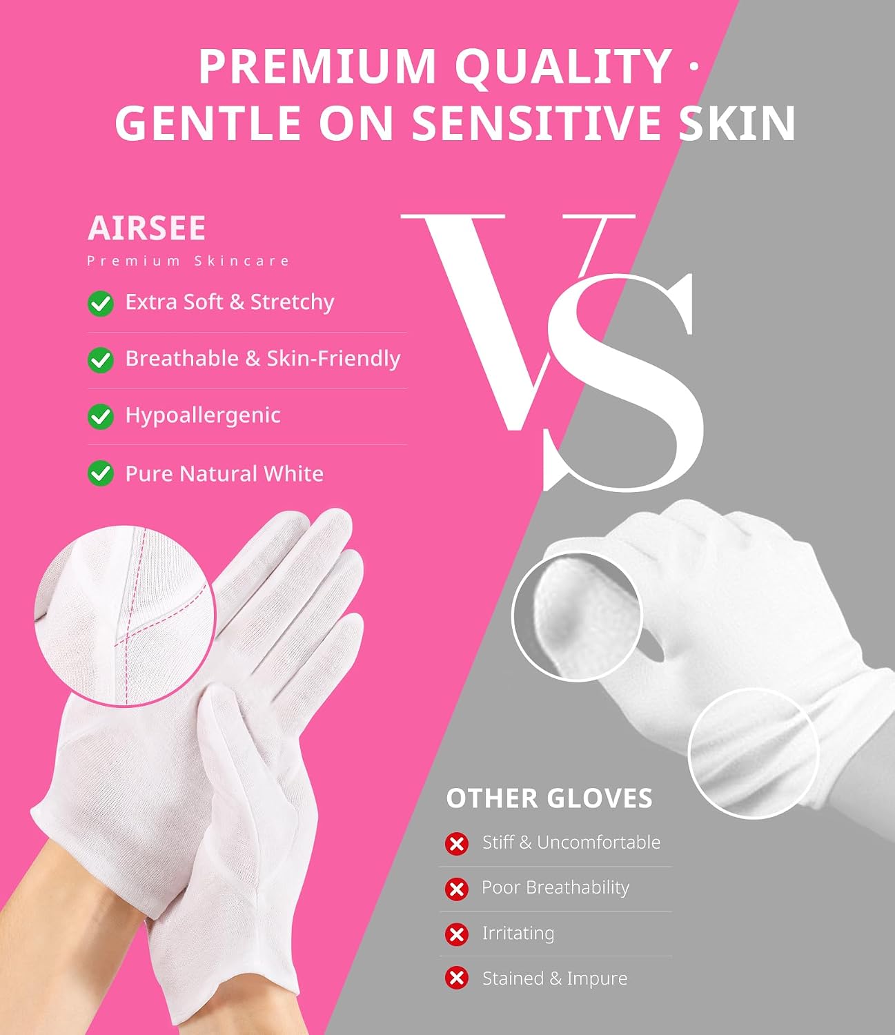 White Cotton Gloves for Moisturizing SPA | 2 Pairs with Laundry Bag for Dry Hands & Eczema - Regular Size