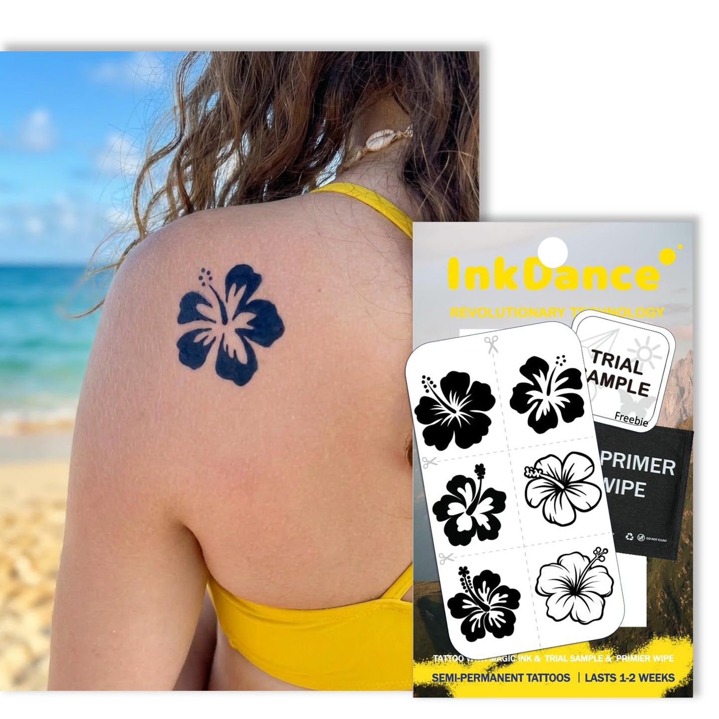 InkDance Semi-Permanent Tattoo, Aloha Noir, Tropical Hibiscus, Long Lasting Temporary Tattoos, Waterproof Plant-Based Ink, Lasts 1-2 Weeks, Color Develops in 24 Hours D091, Set of 6
