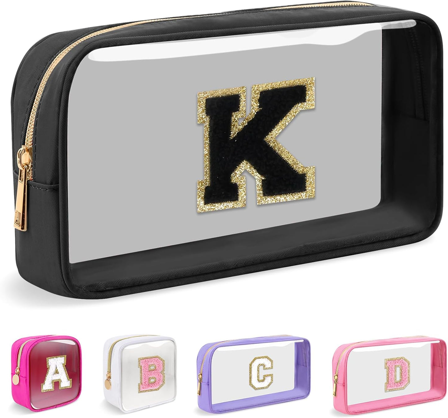 Personalized Initial Makeup Bag - Waterproof Nylon Cosmetic Pouch | A-Z Chenille Letter Patch, White-Pink G