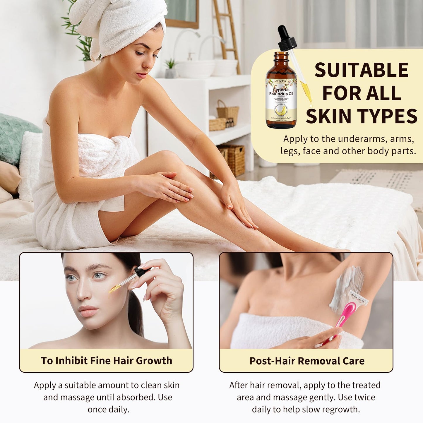 Cyperus Rotundus Oil for Hair Removal, 2PCS 100% Pure Natural Body and Facial Hair Removal for Women, Reduces Unwanted Hair Growth After Shave, Shrink Pores, Hydrates, Soothes and Repairs Skin