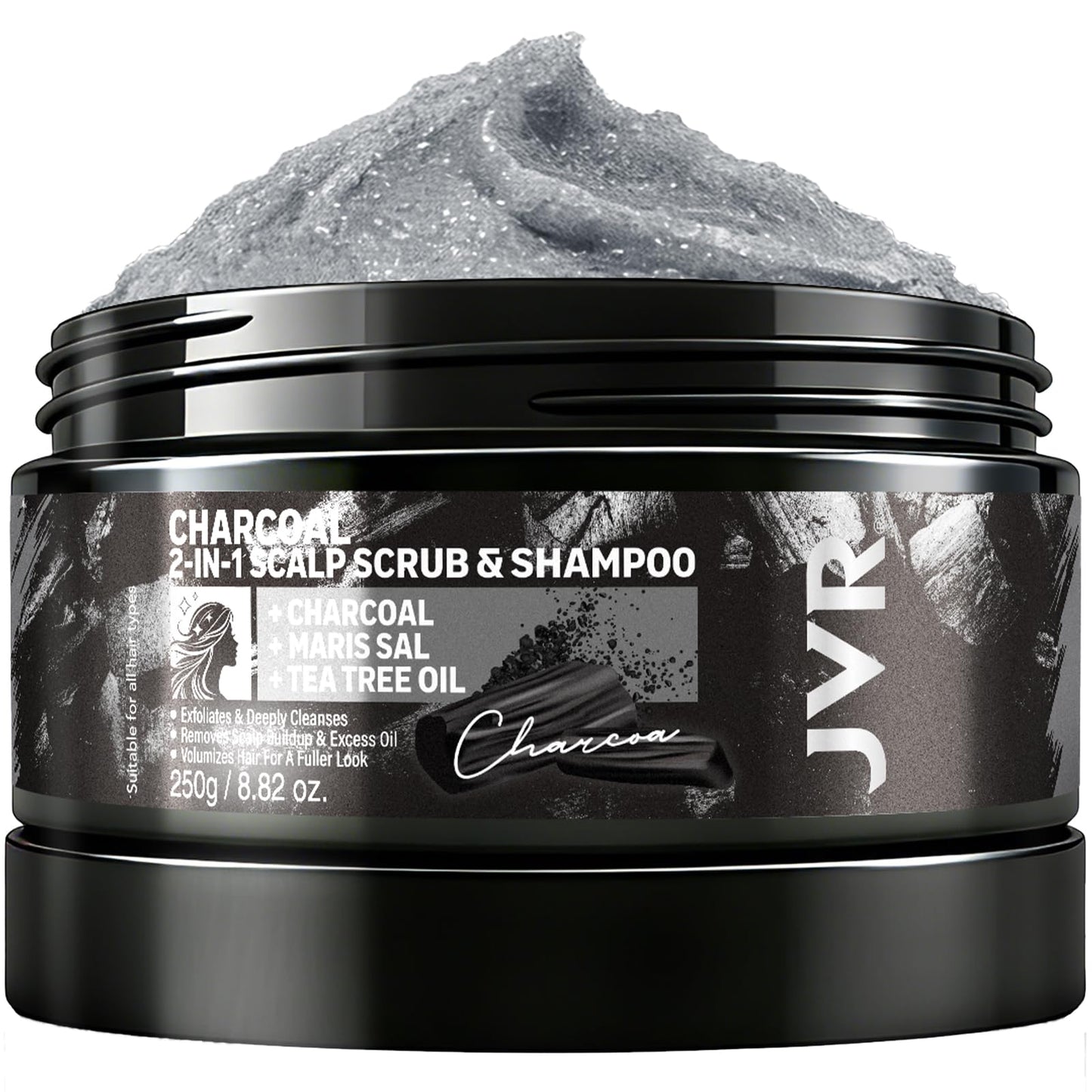 JVR Scalp Scrub Shampoo Charcoal 2-In-1 Scalp Exfoliator to Clarify Build Up, Dexofiy & Purify Cleanser for Shine & Hydration - Sea Salt, Tea Tree Oil, Vegan & Cruelty Free for Dry or Oily Scalp 8.8oz