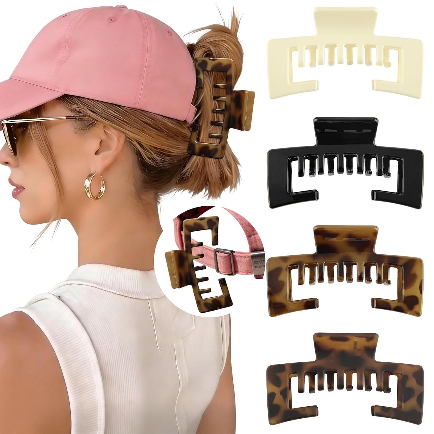 Hat-Friendly Claw Clips for Baseball Caps - 4 Pcs Hair Accessories for Thick Hair | Stylish Trucker Hat Clips