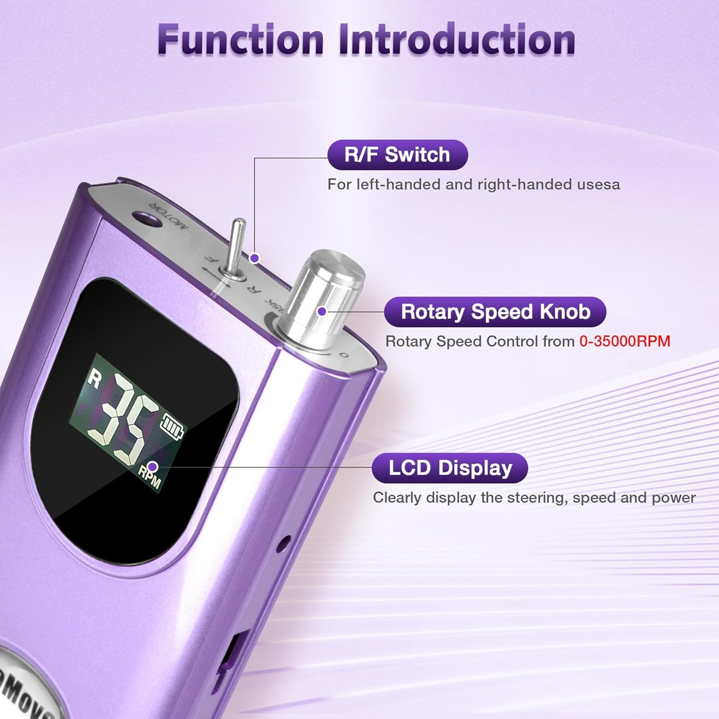 Professional Nail Drill Machine - 35000RPM Rechargeable Efile for Acrylic Gel Nails | Portable & Low Heat (Violet)