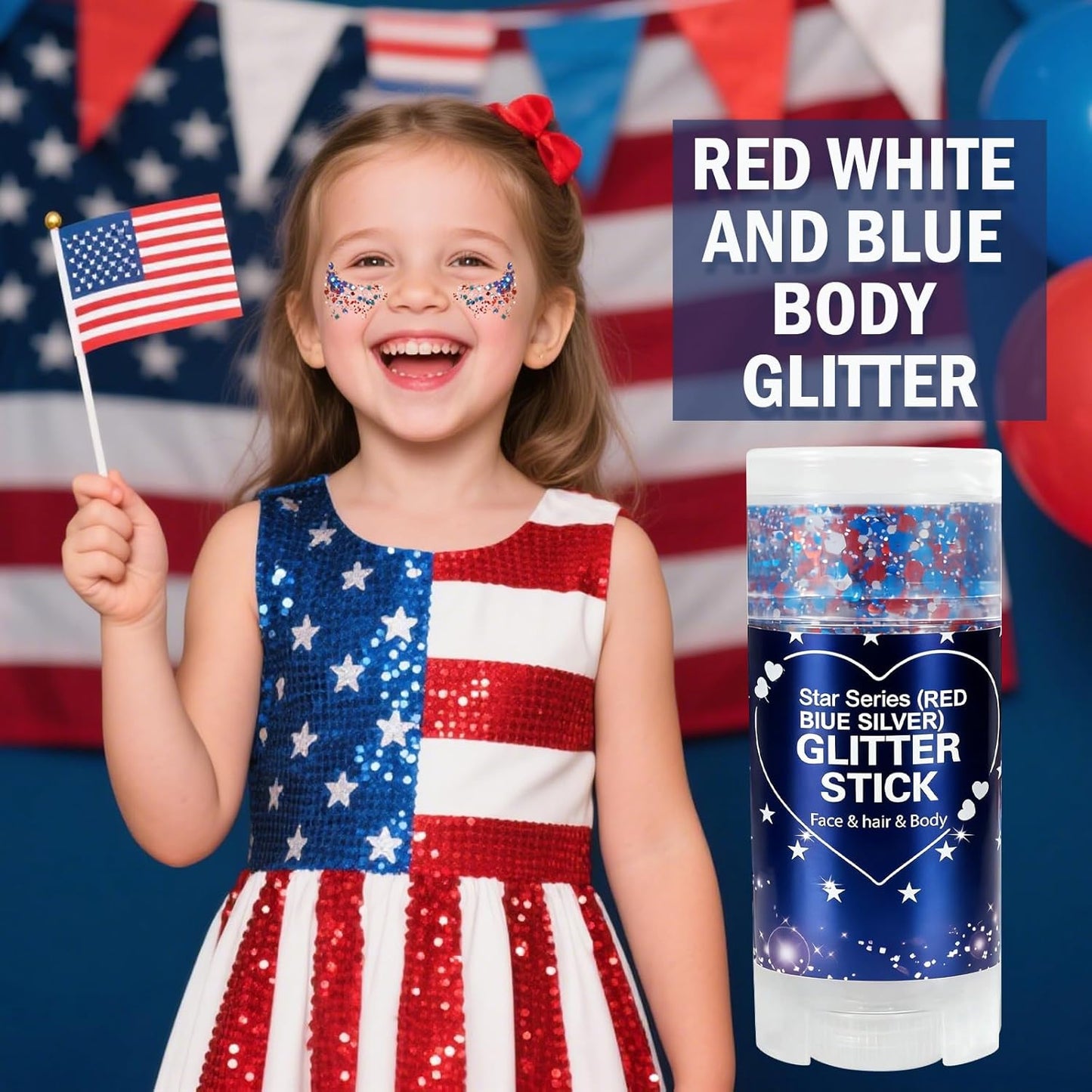 Patriotic Red White and Blue Glitter Stick - USA Flag Body Makeup for 4th of July | Perfect for Independence Day Celebrations