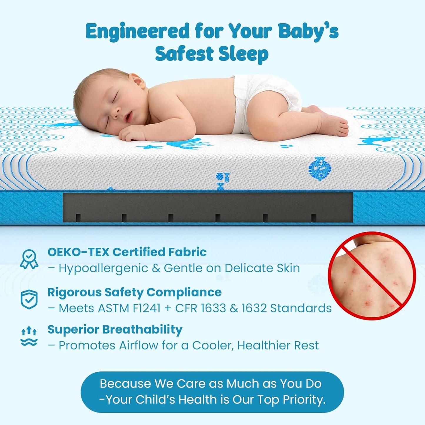 Breathable Crib & Toddler Mattress - Soft, Waterproof Tencel Design | 52" x 27.6" x 5" - Ideal for Babies and Kids