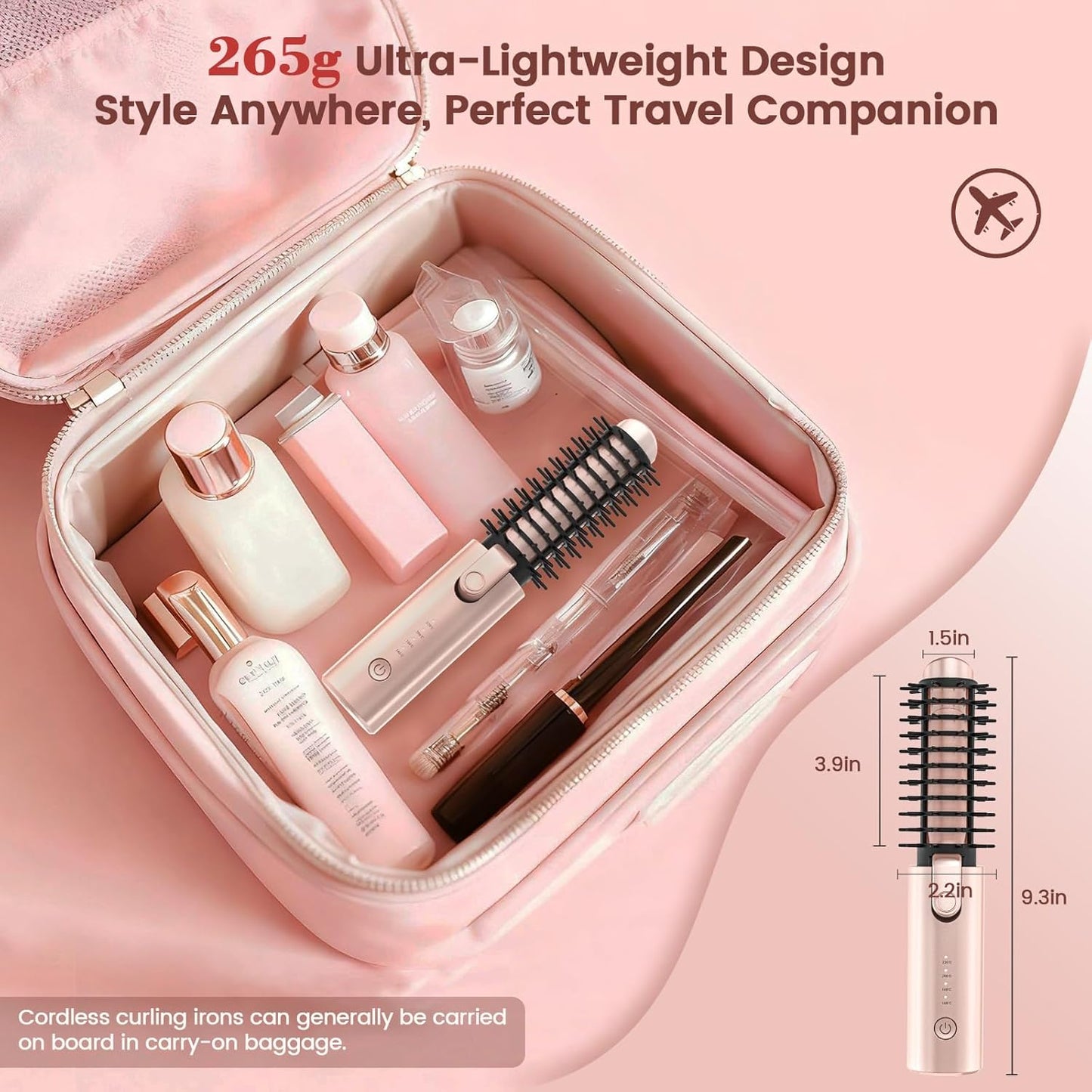 Youbella Cordless Hair Curling Iron Brush - 3-in-1 Mini Heated Round Brush | Portable USB Rechargeable, Pink