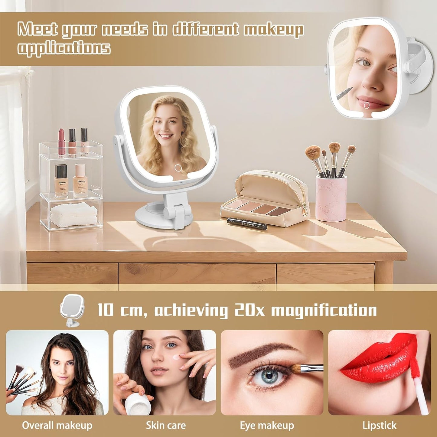 30X Magnifying Makeup Mirror - Lighted Vanity Mirror with 3 Color Modes | Dual-Sided, Suction Cup, Rechargeable, 360° Rotation
