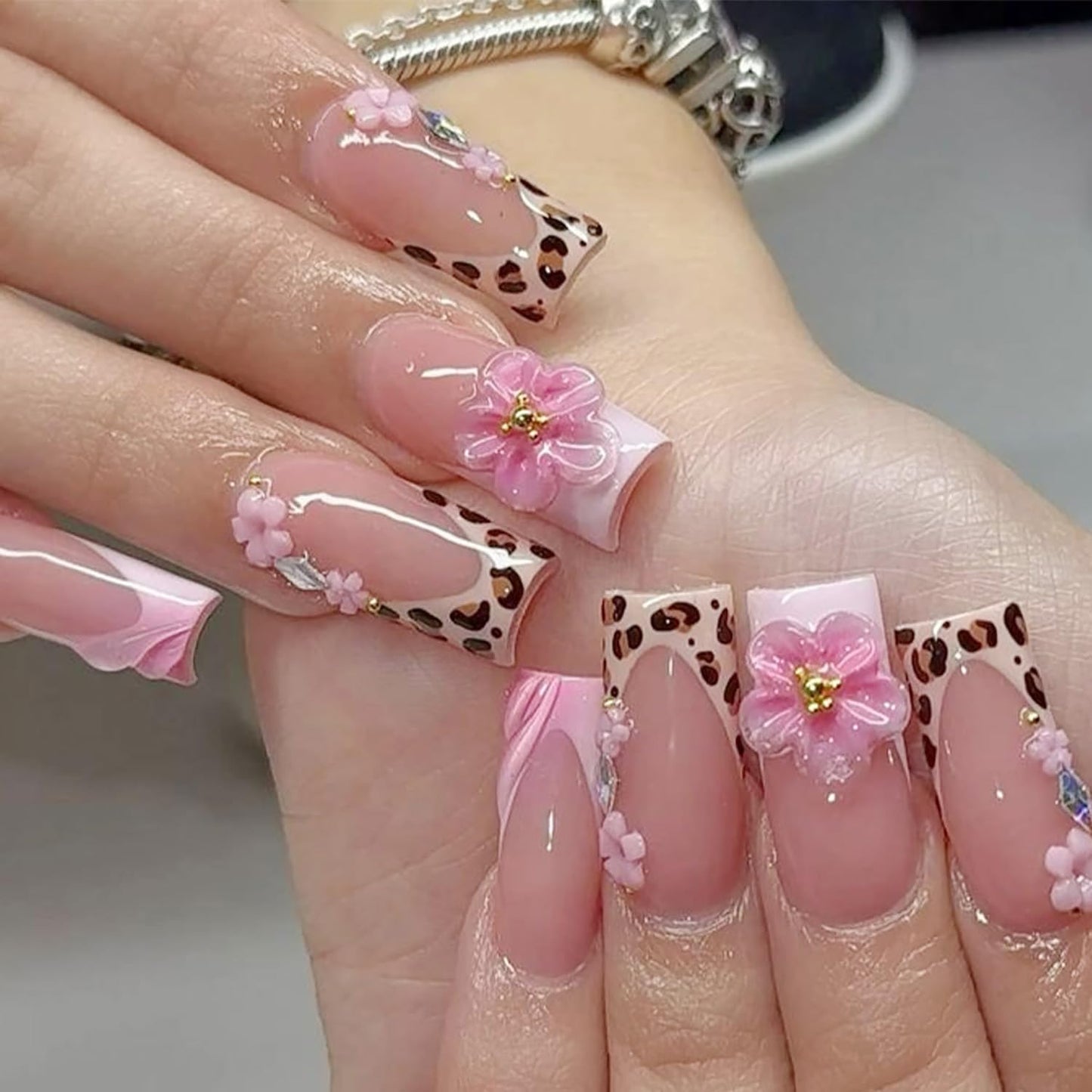 French Tip Press-On Nails - 24Pcs Medium Almond Design with Silver Rhinestones & 3D Flowers | Nude Pink Full Cover
