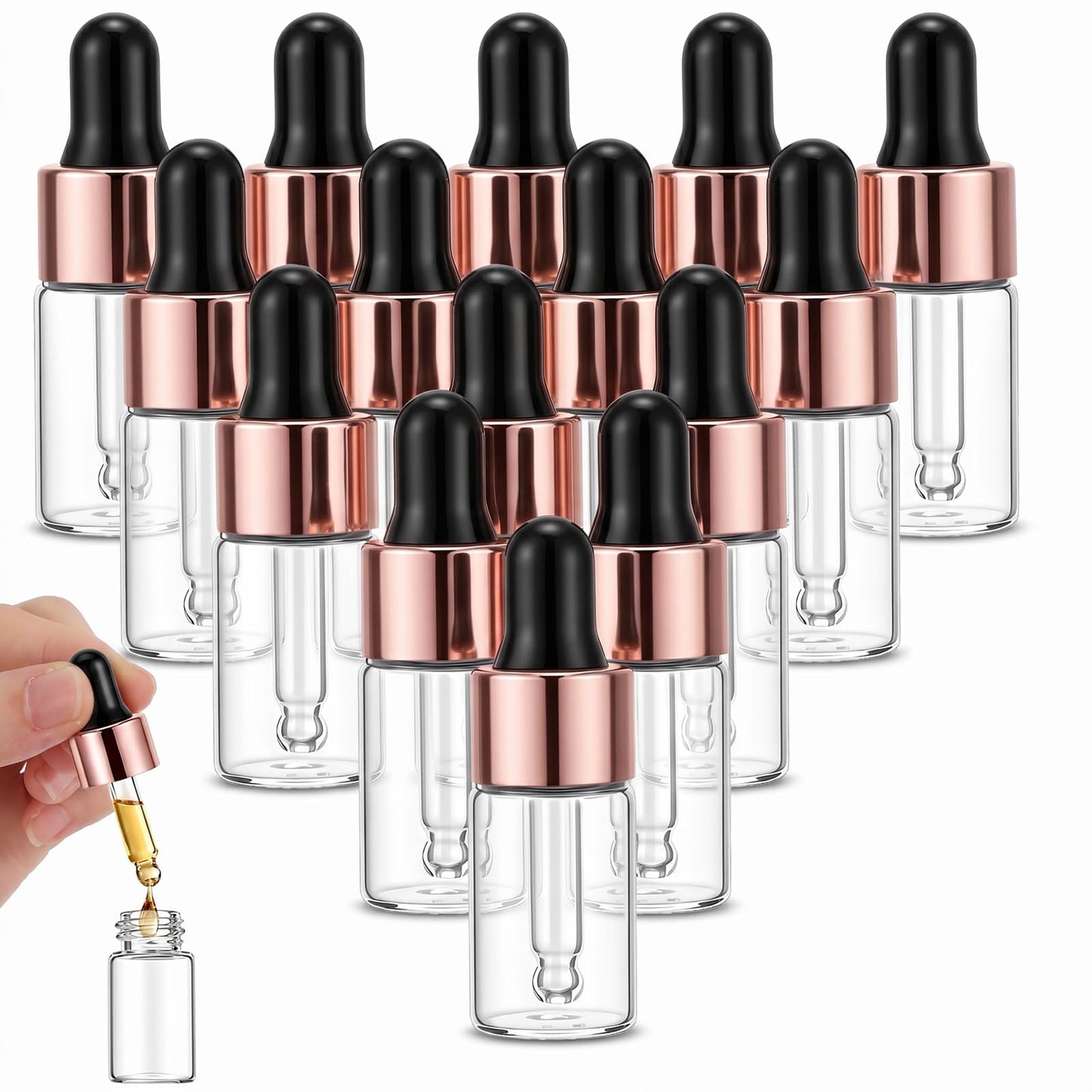 Bremorou 15 Pcs 3ml Mini Glass Dropper Bottle for Essential Oil Small Clear Sample Dropper Vails with Rose Gold Caps Makeup Containers for Essence Liquid Cosmetic Containers