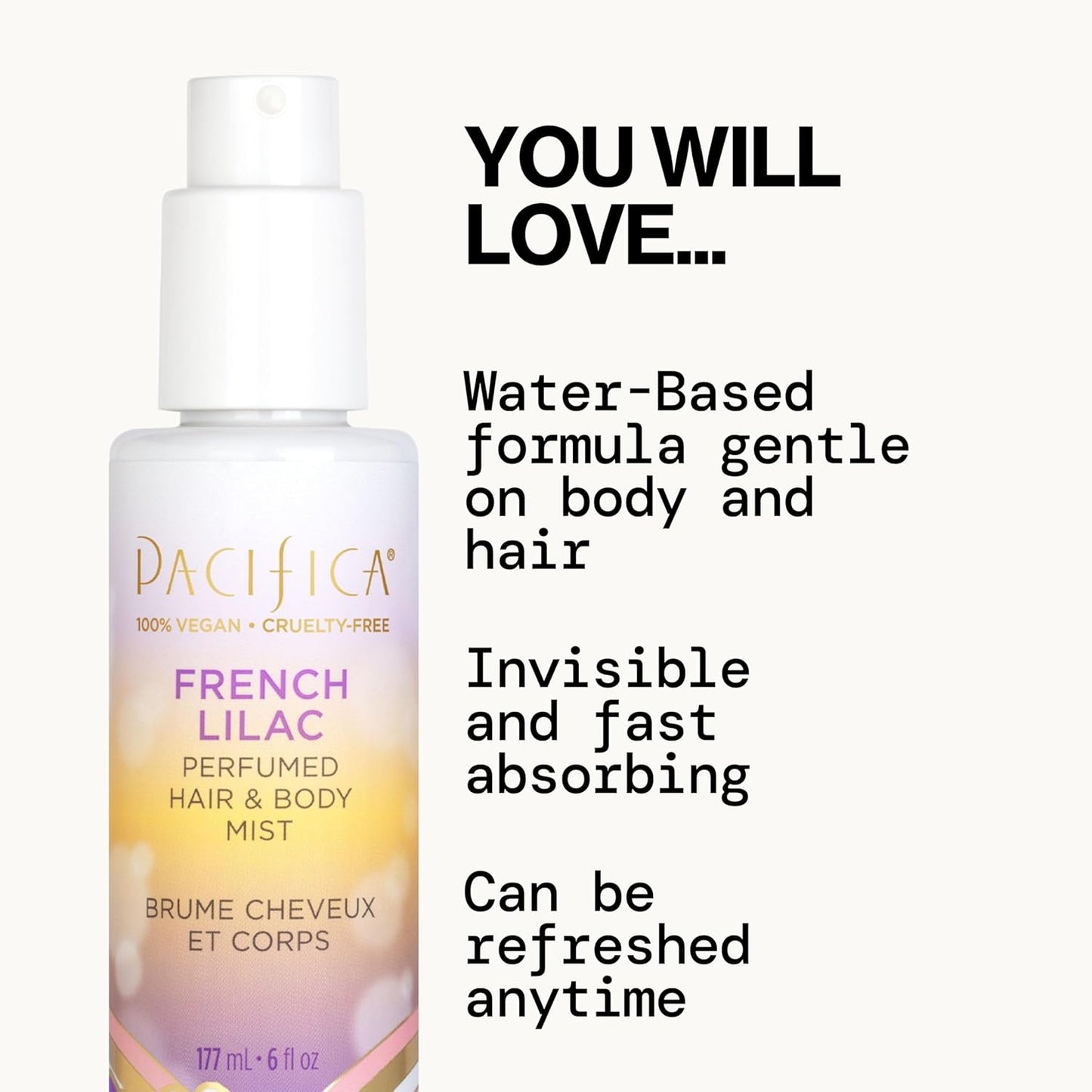 Pacifica French Lilac Hair & Body Mist - Vegan Floral Perfume Spray for Women | Alcohol-Free, 6 Fl Oz