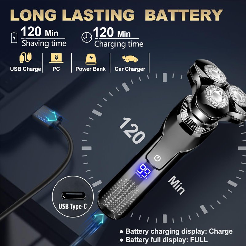 Electric Razor for Men IPX7 Waterproof Detachable Head Shaver,3D Electric Razor for Men, 3 in 1 Wet/Dry Rechargeable LED Shaving Kit (Matte Black)