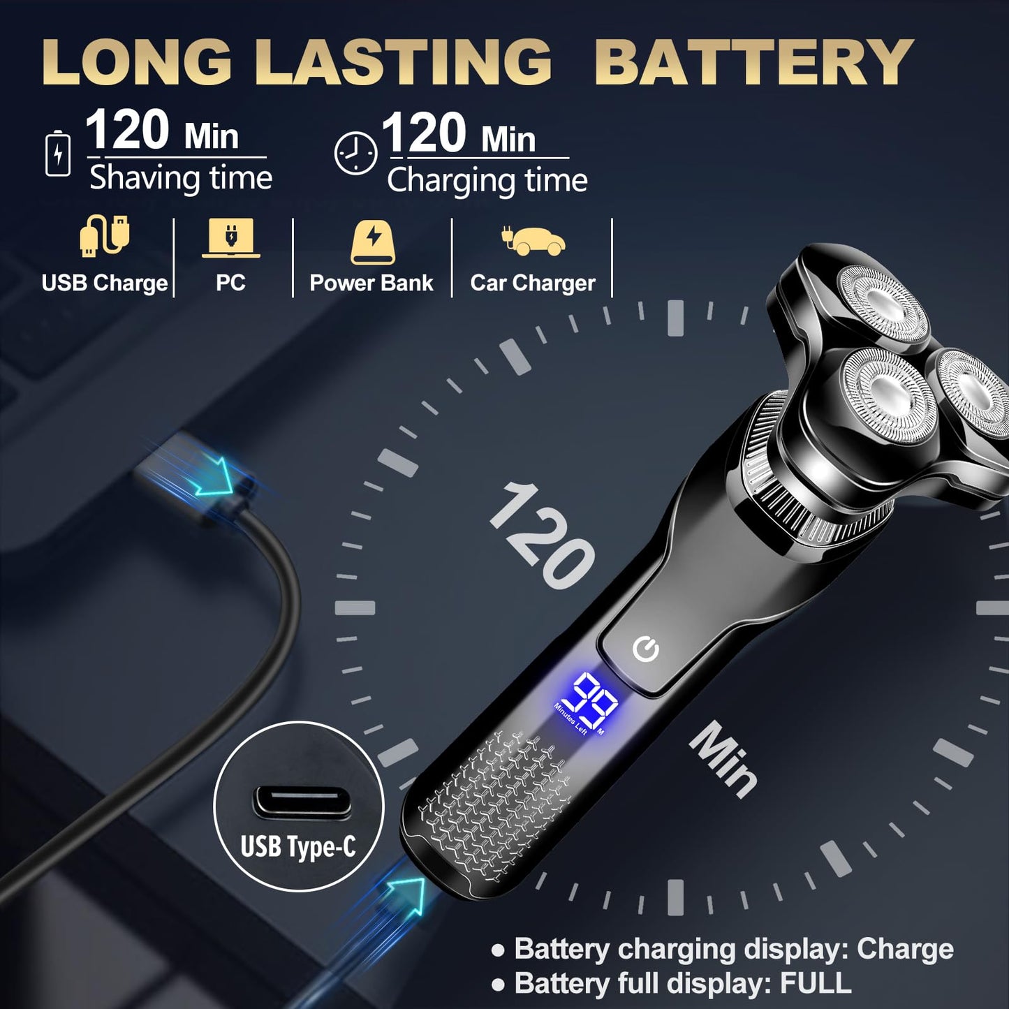 Men's Electric Razor, Upgraded 4D Floating Magnetic Blade Head Rotary Shaver, 3-in-1 Multifunctional for Beard/Nose/Sideburns, IPX7 Waterproof Rechargeable Cordless Shaver, Turbo Speed, Gift for Men