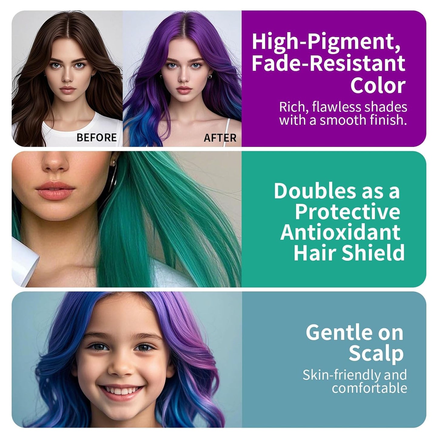 Temporary Hair Color Serum - Washable Gel Dye for Kids & Adults | Green, Blue, Purple, Red - Instant DIY Hairstyle