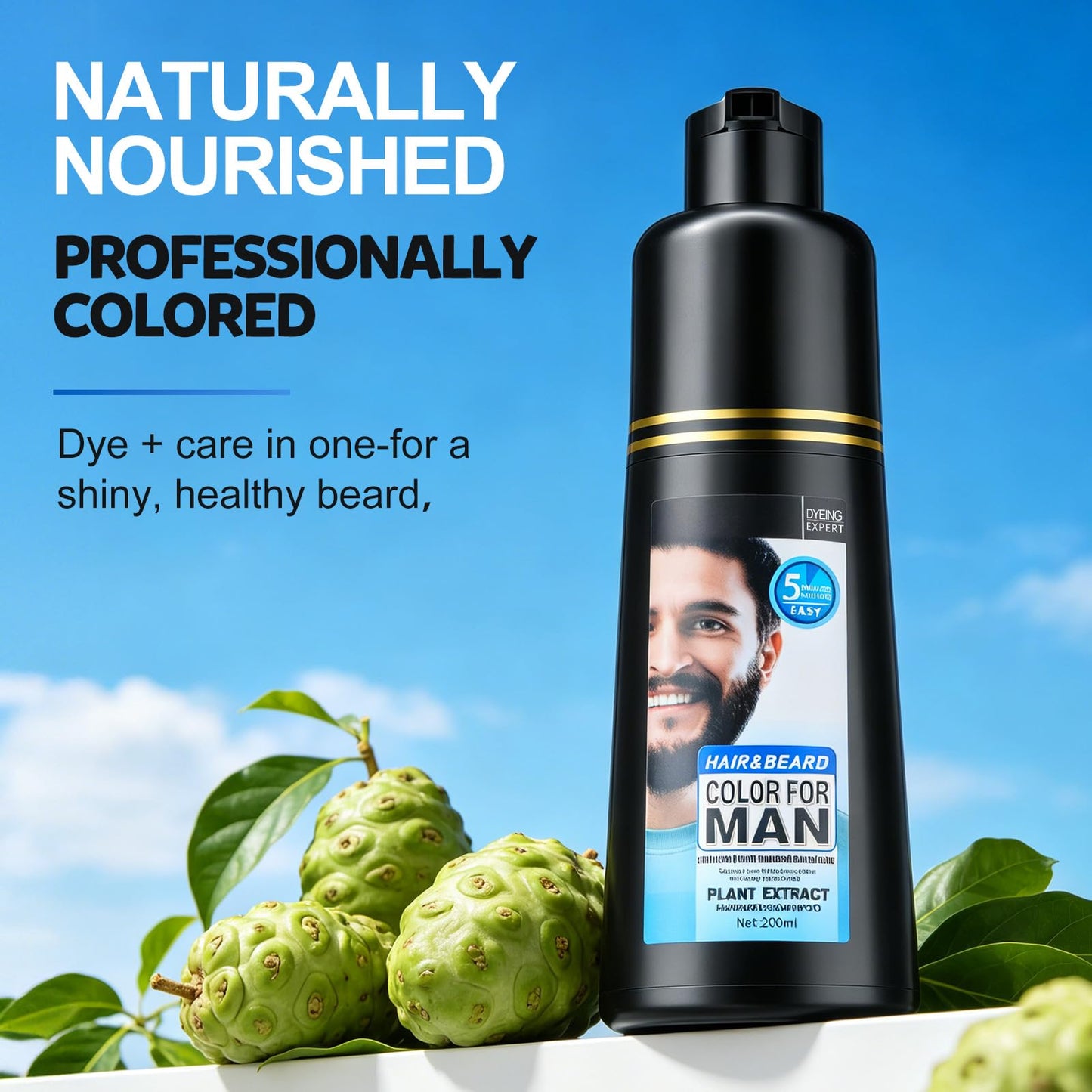 Mens Beard & Mustache Dye Shampoo, Instant 100% Grey Hair Coverage, Long-Lasting Natural Herbal Beard Coloring for Gray Hair, 3-in-1 Dye, Shampoo & Conditioner,200ML