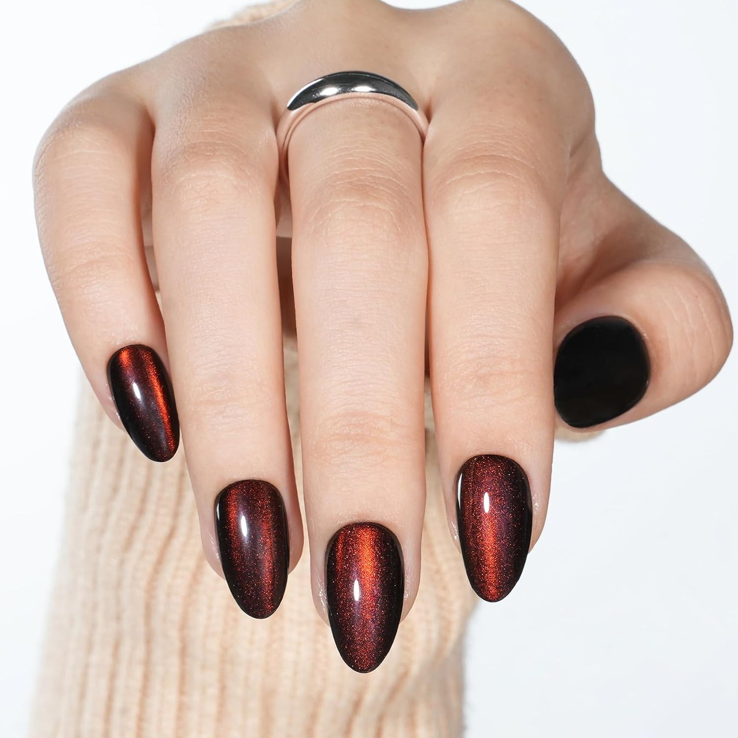 Cat Eye Press On Nails - Short Almond Fake Nails with Nail Glue | Reusable Brown Red 32-Piece Kit in 16 Sizes for Women & Girls