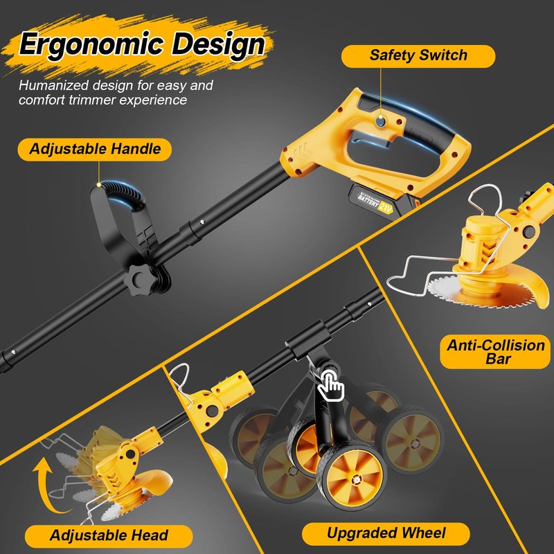 Electric Weed Wacker Cordless with Wheels,Electric Weed Eater Battery Powered 4000mAh,4 in 1 Grass Trimmer/Brush Cutter/Grass Edger/Lawn Mower,No String Trimmer with Blade, 2 Battery (Black Yellow)