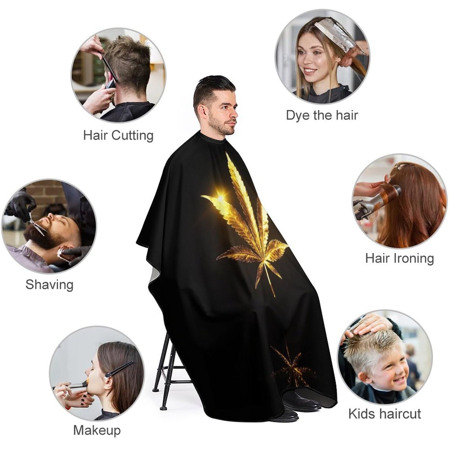 Fashion Salon Barber Cape Professional Hair Cutting Cape with Adjustable Snap Closure Cool Gold Golden Weed Leaves Black