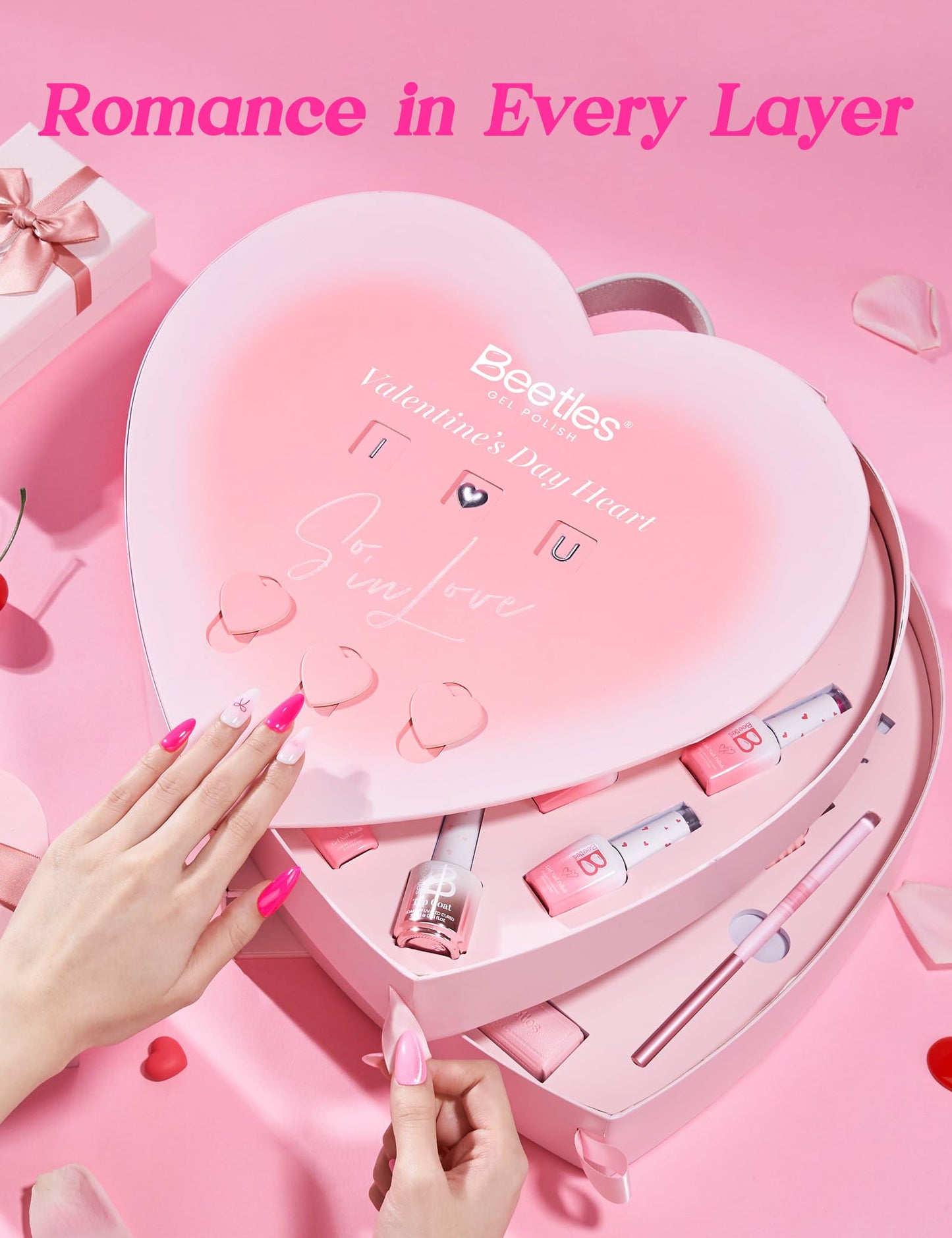 Beetles Romantic Summer Gel Nail Polish Kit – Hot Pink Red Cat Eye Gel Nail Polish Set, Treat Yourself Self Care Gift Set with Pink & Rosy Gel Colors, DIY At-Home Manicure Gift for Women