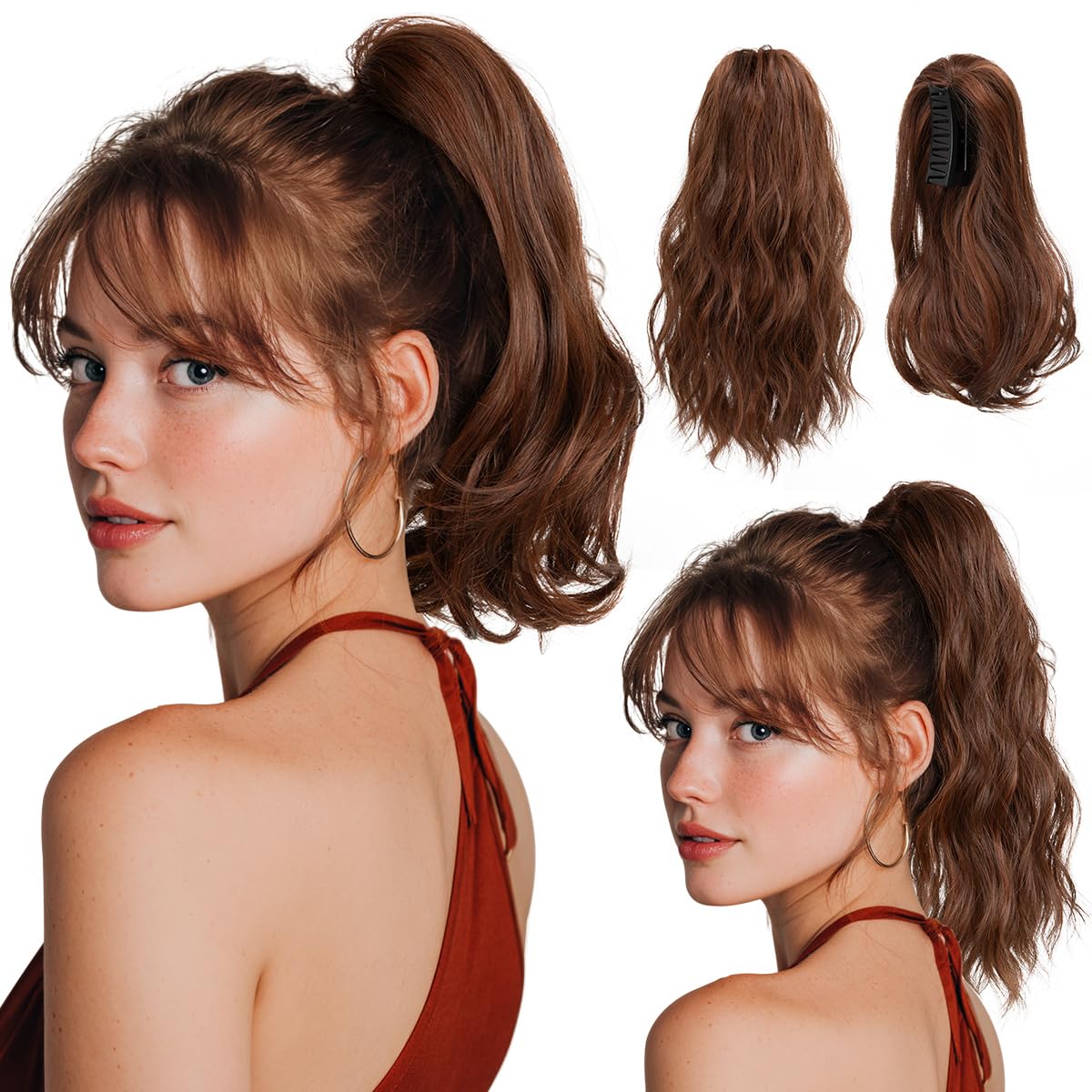 Ponytail Extensions - Wavy Curly Claw Clip Hairpieces for Women | 12" & 14" Beige Multi Set