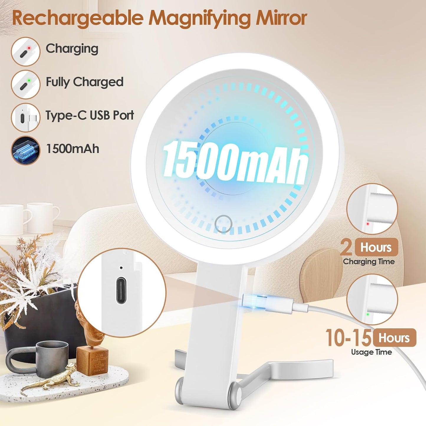 MIYADIVA Magnifying Makeup Mirror with Light - 30X/1X Double-Sided, Dimmable Touch Screen, Adjustable & Foldable | White